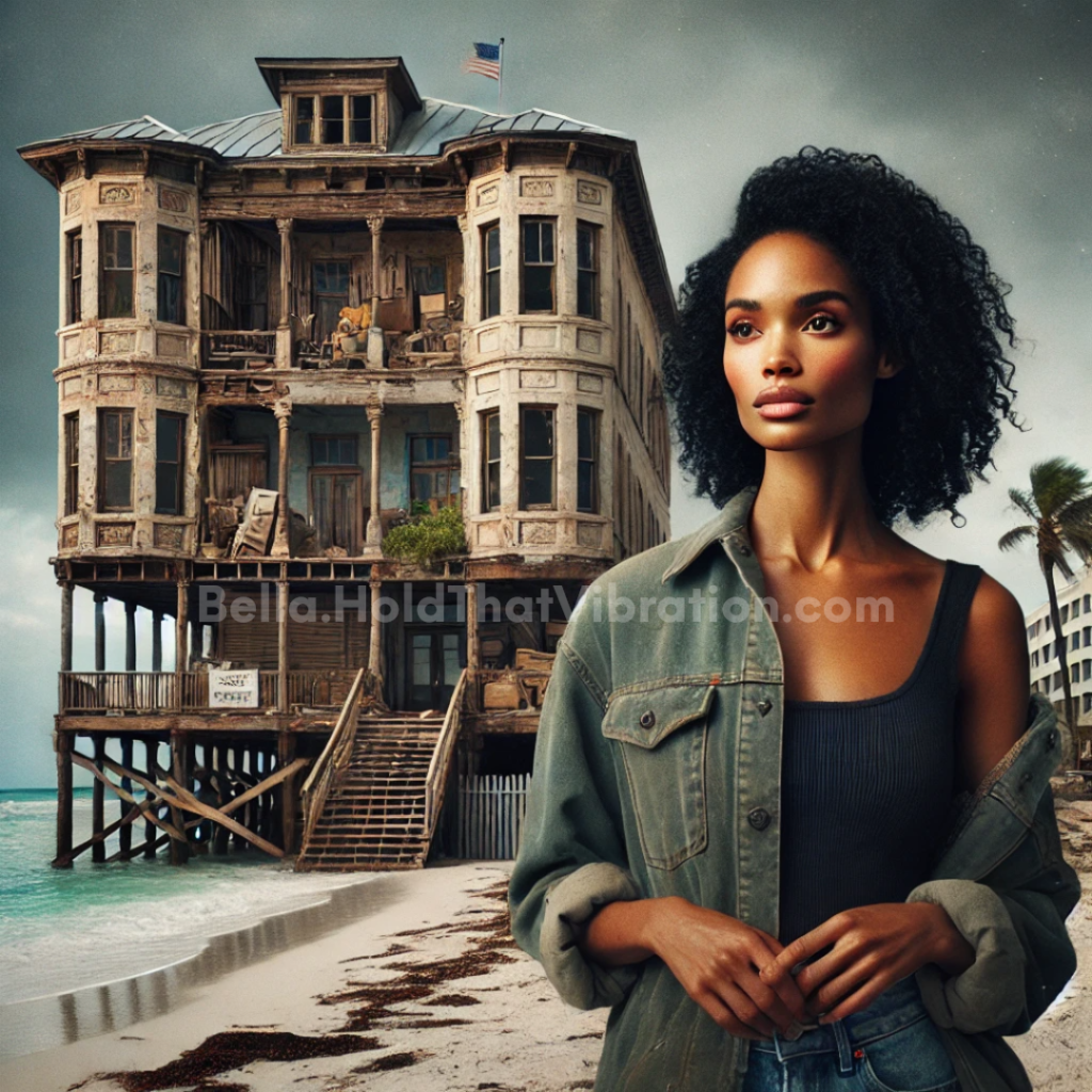 woman standing in front of the old historic building she transformed, with storm clouds in the background by the beach